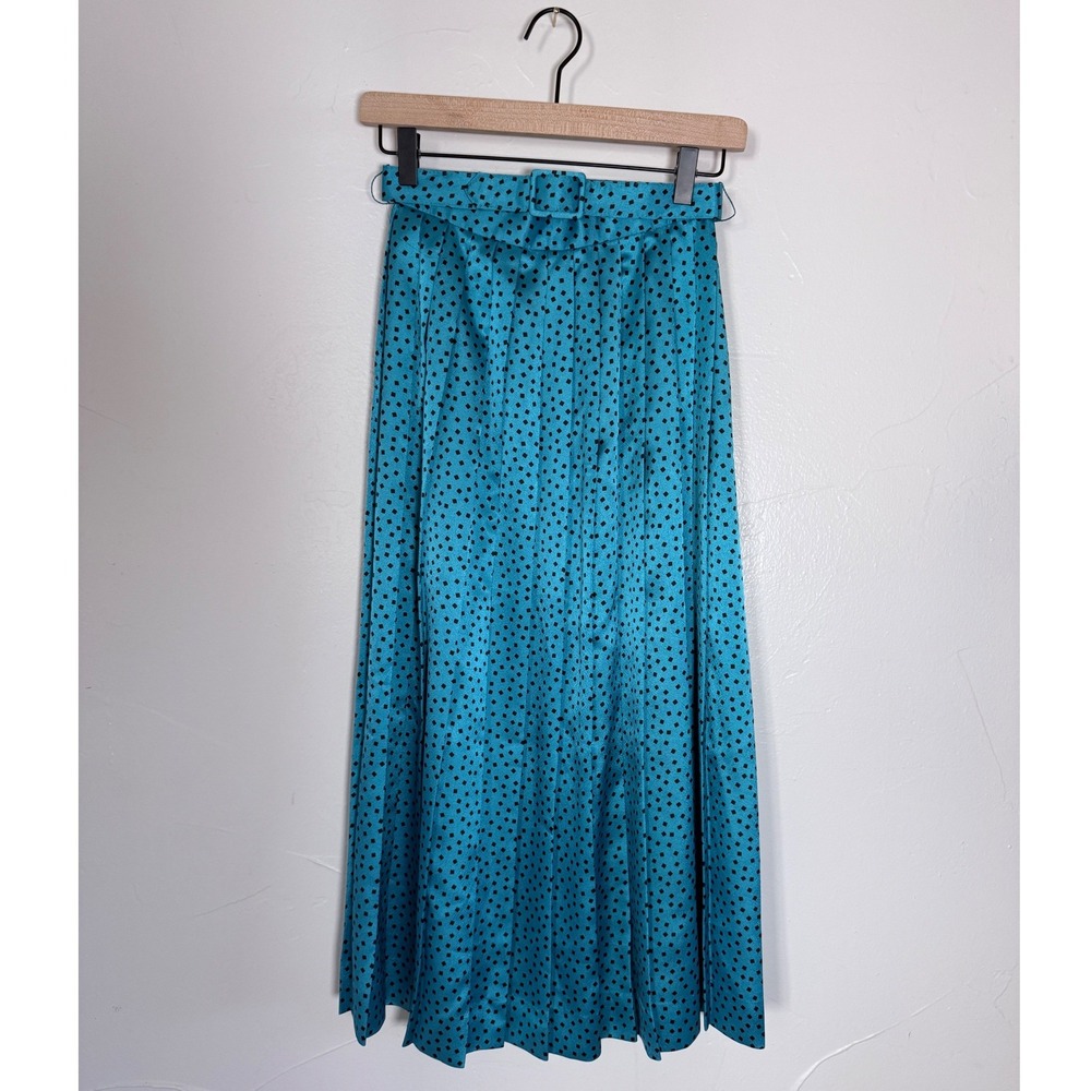 Vintage JH Collectibles Teal Geometric Pleated Midi Skirt Belted Size 4